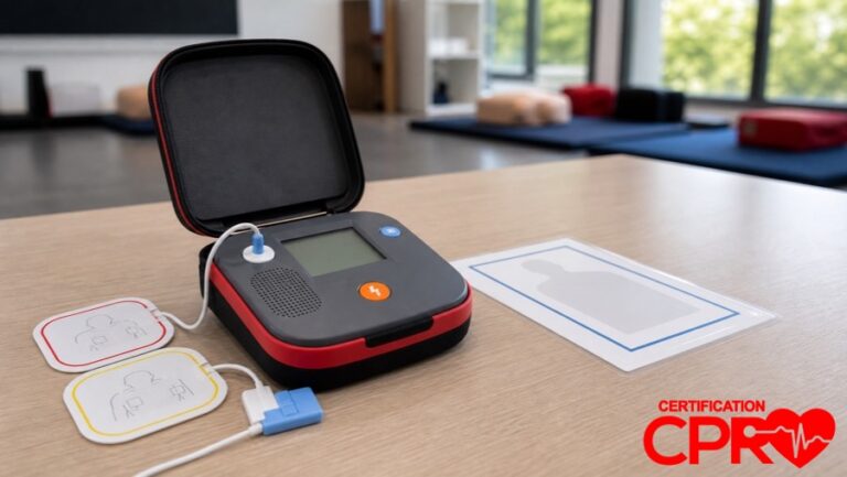 AED trainer and electrode pads for practicing voice prompts in a CPR classroom in West Palm Beach.
