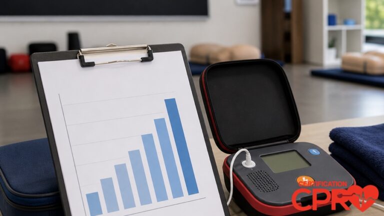CPR statistics chart with AED trainer in a CPR classroom in West Palm Beach.