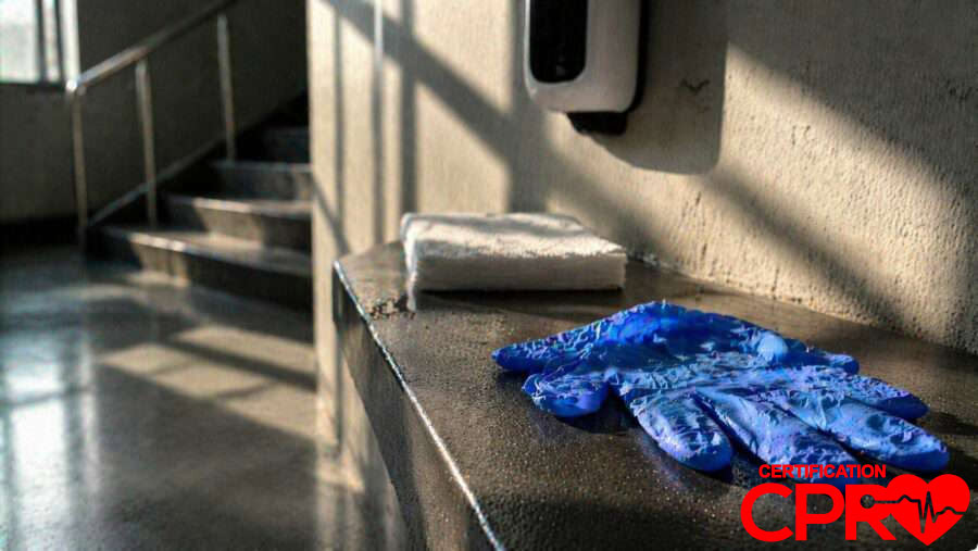 CPR training gloves and mask on a training station in West Palm Beach.