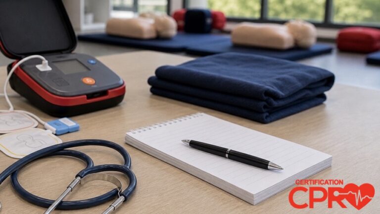 AED trainer, stethoscope, and CPR classroom supplies for an article on heart attack versus cardiac arrest in West Palm Beach.
