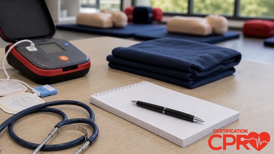 AED trainer, stethoscope, and CPR classroom supplies for an article on heart attack versus cardiac arrest in West Palm Beach.