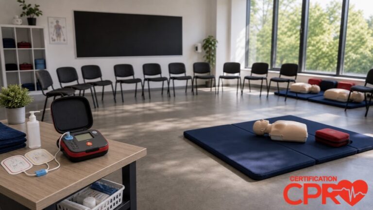 CPR classroom setup for practicing emergency response skills in West Palm Beach.