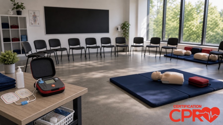 CPR classroom setup for practicing emergency response skills in West Palm Beach.