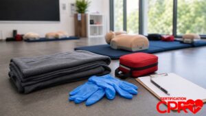 First aid training supplies for practicing seizure response in a CPR classroom in West Palm Beach.