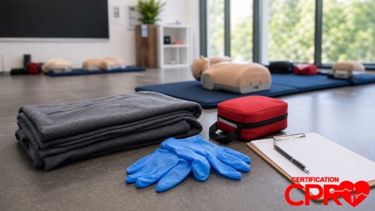 First aid training supplies for practicing seizure response in a CPR classroom in West Palm Beach.