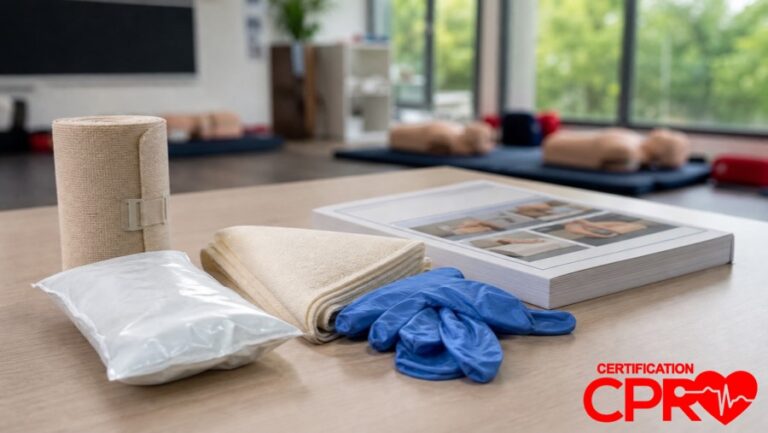 CPR training materials and certification supplies in West Palm Beach classroom.