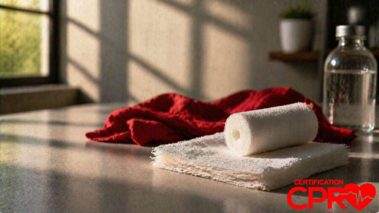 CPR certification training supplies in West Palm Beach, including a roll of gauze and first aid essentials.