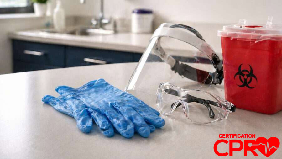 CPR training supplies including gloves, goggles, and biohazard container in West Palm Beach.